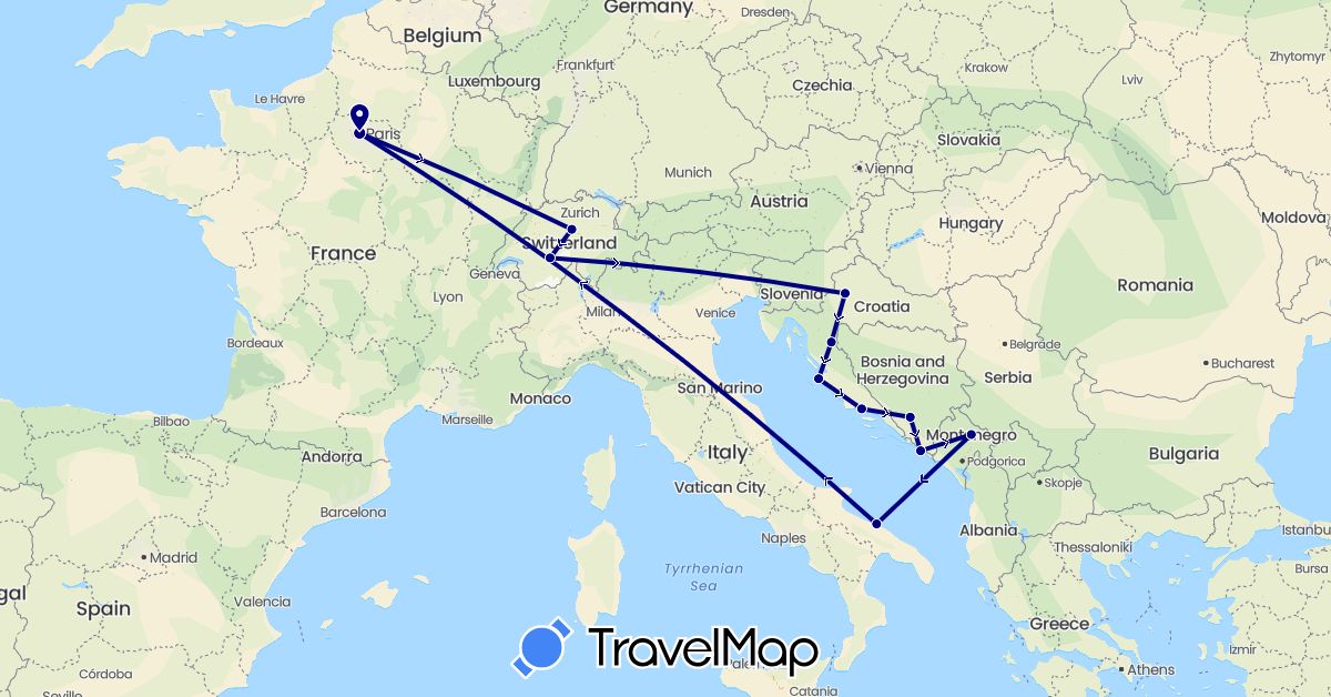 TravelMap itinerary: driving in Bosnia and Herzegovina, Switzerland, France, Croatia, Italy, Montenegro (Europe)